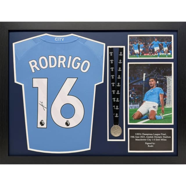 AllStarSignings Ltd Rodri signed & framed Manchester City shirt Blue unisex One Size