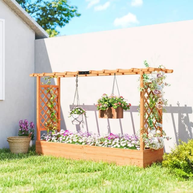 OUTSUNNY Raised Bed for Garden with Trellis, 200 x 44 x 113.5 cm, Natural Size: 200 x 44 x 113.5cm Natural Unisex 200 x 44 x 113.5 cm
