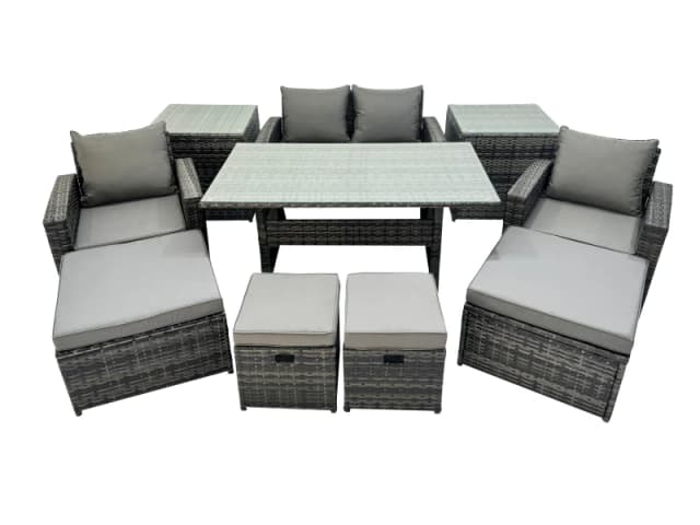 Fimous Outdoor Dining Table Double Seat Sofa 2 Side Tables 4 Stools Set in Dark Grey Dark Grey Unisex