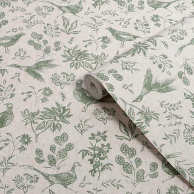 Joules Sophisticated Country Linen/green Pheasant Patterned Smooth Wallpaper