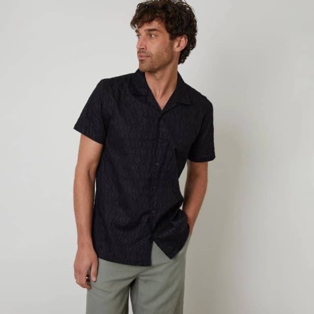 Threadbare Cotton Pluck Textured Short Sleeve Shirt Black male S