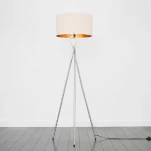 Camden Brushed Chrome Tripod Floor Lamp with XL Fawn and Gold Reni Sha
