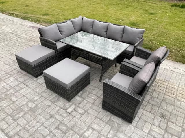 Fimous 10 Seater Outdoor Rattan Garden Furniture Set with Rectangular Dining Table 2 Big Footstool 2 Armchiars Patio Wicker in Dark Grey Dark Grey Uni
