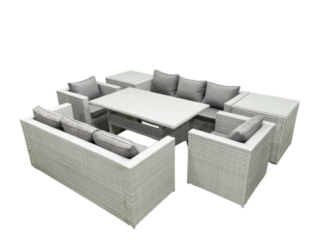 Fimous Rattan Garden Furniture Set Outdoor 8 Seater Patio Dinin g Sofa Sets with Dining Table 2 Chairs 2 Side Tables Light Grey Mixed Light Grey