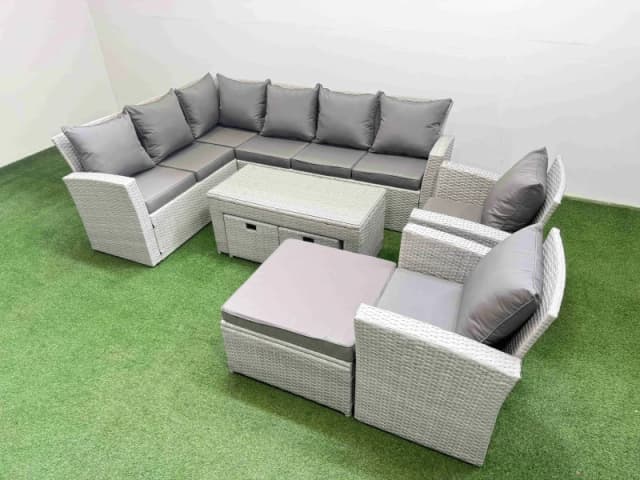 Fimous Outdoor 11 Seater Corner Sofa Sets with Chair 3 Stools Light Grey Light Grey Unisex