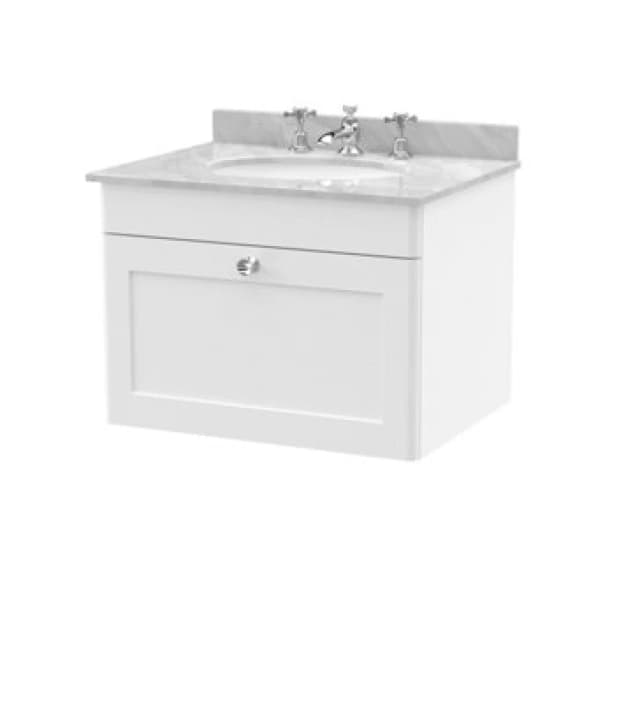 Nuie Classique Wall Hung 1 Drawer Unit & 3 Tap Hole Grey Marble Top With Oval Basin, Stylish Sink Vanity Unit In Satin White With