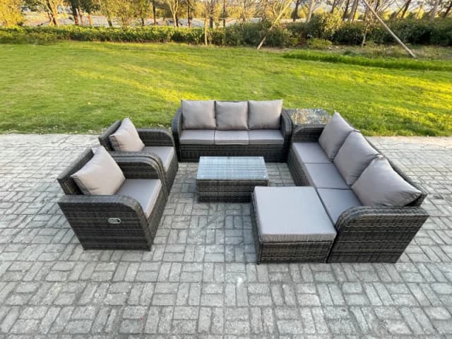 Fimous Rattan Outdoor Garden Furniture Sofa Set Patio Table & Chairs Set with 3 Seater Sofa Reclining Chair Big Footstool Side Table Dark Grey Mixed D