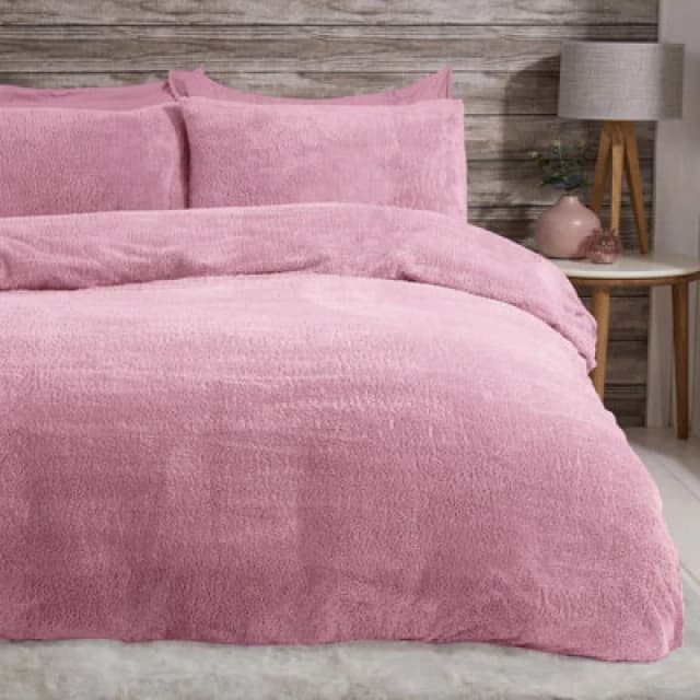 Smart Living Teddy Bear Fluffy Bedding Set, Thermal Warm & Cosy Super Soft Fleece Duvet Cover Set With Pillowcases - Mauve