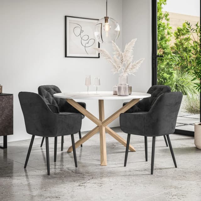 More4Homes Malvern Round Dining Table And Chairs - Marble Table Top W Solid Oak Legs + Anika Velvet Dining Chair Set Of 4 (Black)