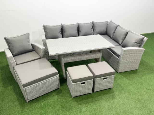 Fimous Rattan Garden Furniture Set Outdoor 10 Seater Patio Dining Corner Sofa in Light Grey Light Grey Unisex