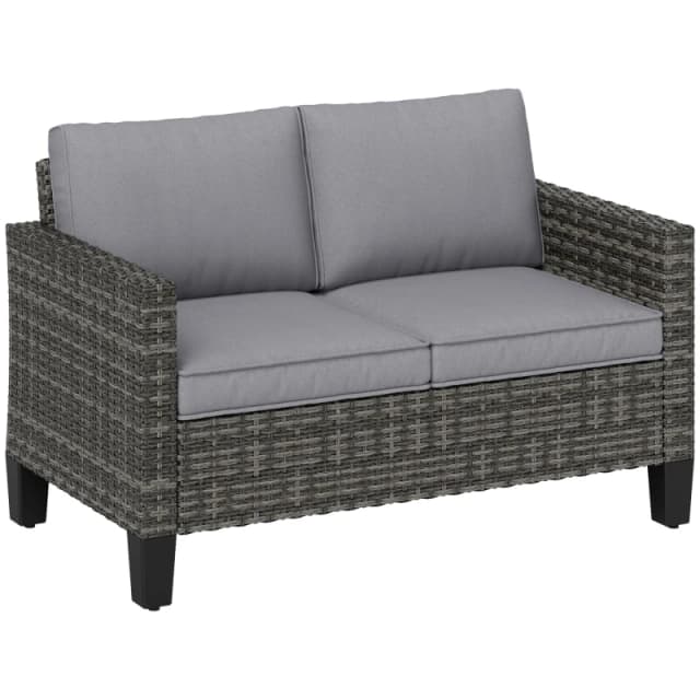 Outsunny Rattan Sofa with Cushions, 2 Seater Garden Furniture, Dark Grey Dark Grey