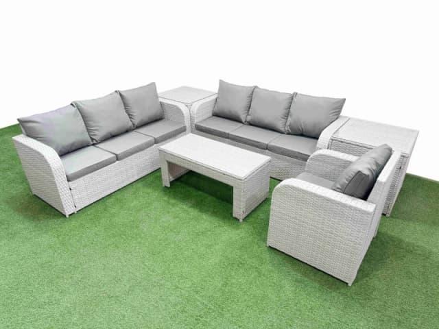Fimous 7 Seater Poly Rattan Outdoor Garden Furniture Oblong Coffee Table Sofa Set Patio 3 Seater Sofa Reclining Chair 3 Seater Sofa 2 Side Table Light