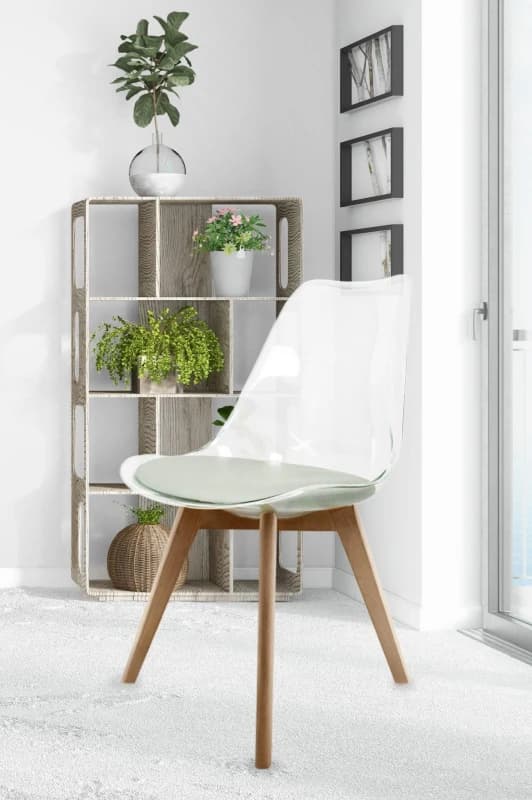 Fusion Living Soho Clear Plastic Dining Chair with Squared Light Wood Legs in Light Grey Light Grey Unisex