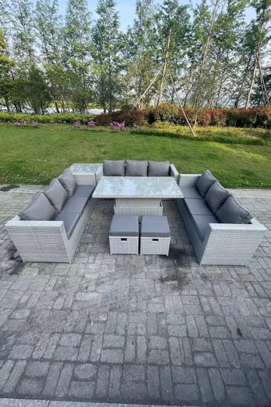 Fimous U Shape Rattan Garden Furniture Set Adjustable Rising Lifting Table Dining Set Coffee Tea Table Light Grey