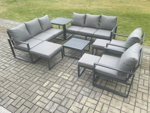Fimous Aluminium Outdoor Garden Furniture Set Patio Lounge Sofa with Square Coffee Table Side Table 2 Armchairs 3 Footstools Dark Grey Dark Grey Unise