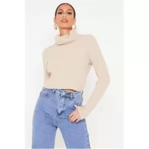 I Saw It First Camel Roll Neck Rib Knit Cropped Jumper - Brown