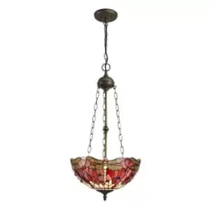 3 Light Uplighter Ceiling Pendant E27 With 40cm Tiffany Shade, Purple, Pink, Crystal, Aged Antique Brass - Luminosa Lighting