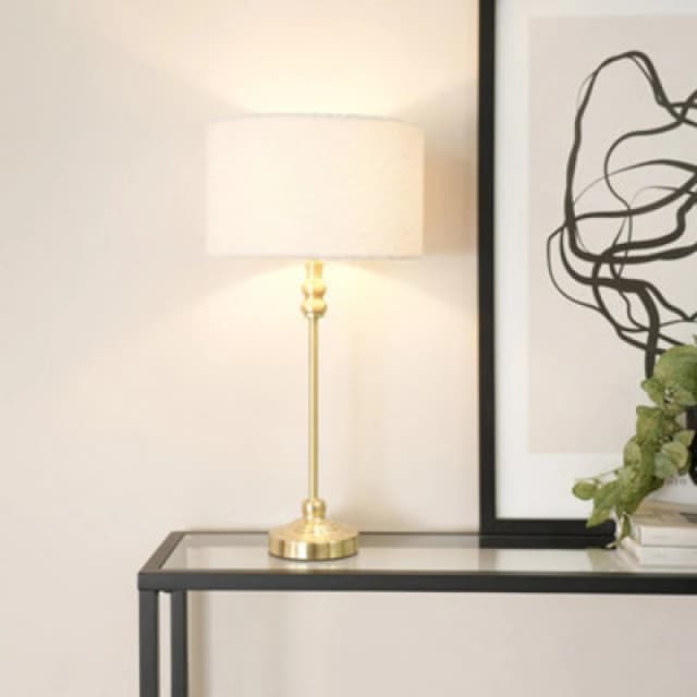 ValueLights ValueLights Maggie Gold Metal Candlestick Slim Table Lamp with Cream Boucle Drum Lamp Shade Cream One Size Unisex 5059406046186