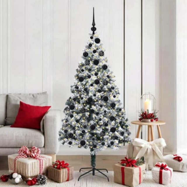 vidaXL Artificial Christmas Tree with 300 LEDs, 120 Black Balls with Stand Snow Flocked Green 180 cm, Green 3396963