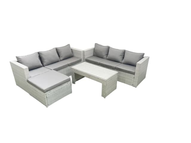 Fimous 7 Seater Garden Outdoor Rattan Furniture Set Rattan Garden Sofa Oblong Coffee Table with Big Footstool Light Grey Mixed Light Grey