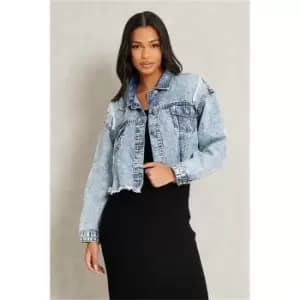 I Saw It First Acid Wash Distressed Cropped Denim Jacket Co-Ord - Blue