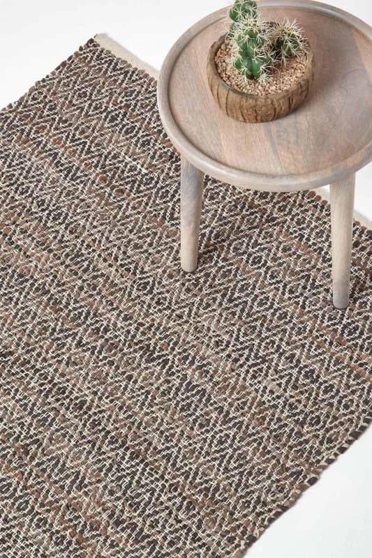 Homescapes Brown Real Leather Handwoven Diamond Pattern Rug, 150 X 240 Cm