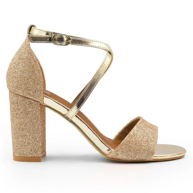 Where's That From 'Ruth' Extra Wide Fit High Block Heel Sandals With Cross Over Ankle Strap Gold