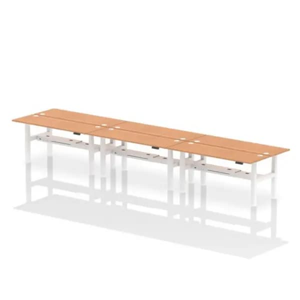 Air Air Back-to-Back 1800 x 600mm Height Adjustable 6 Person Bench Desk Oak Top with Cable Ports White Frame HASCP6P18600OAKW