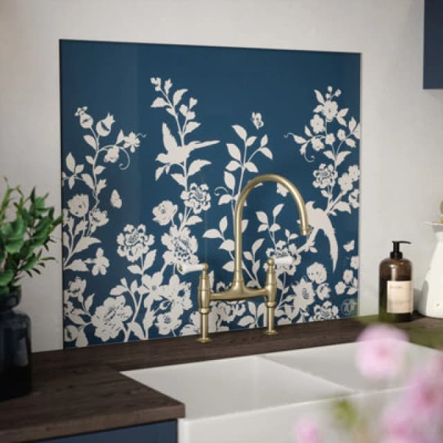 Laura Ashley Oriental Garden Midnight Seaspray Floral Print Glass Splashback, (H)750mm (W)900mm (T)6mm