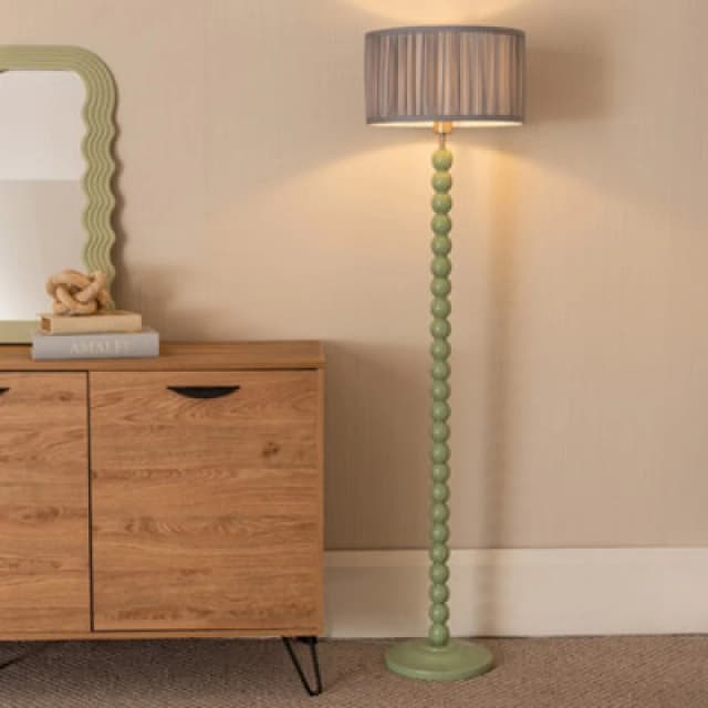 ValueLights Bobbins Sage Green Floor Lamp with Ruched Pleated Drum Lamp Shade and LED Bulb Baby Blue