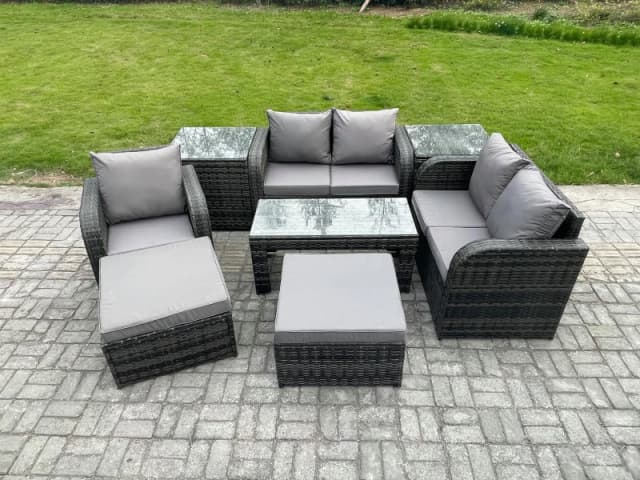 Fimous 8 Pcs Rattan Outdoor Garden Furniture Sofa Set Patio Table & Chairs Set with 2 Side Tables 2 Big Footstool Dark Grey Mixed Dark Grey