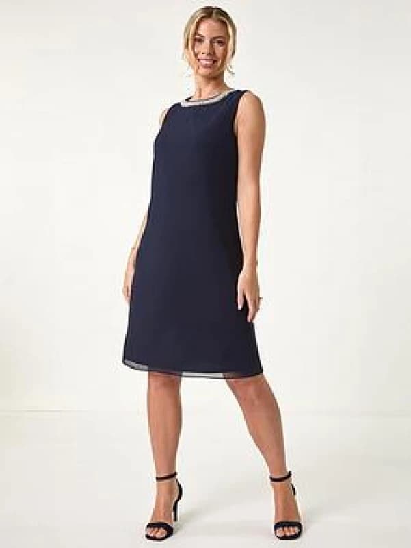 Roman Womens Petite 2 in 1 Neck Trim Shift Dress in Navy Size: 18 Navy Female 18