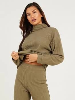 Quiz Khaki Ribbed Cowl Neck Top - 8