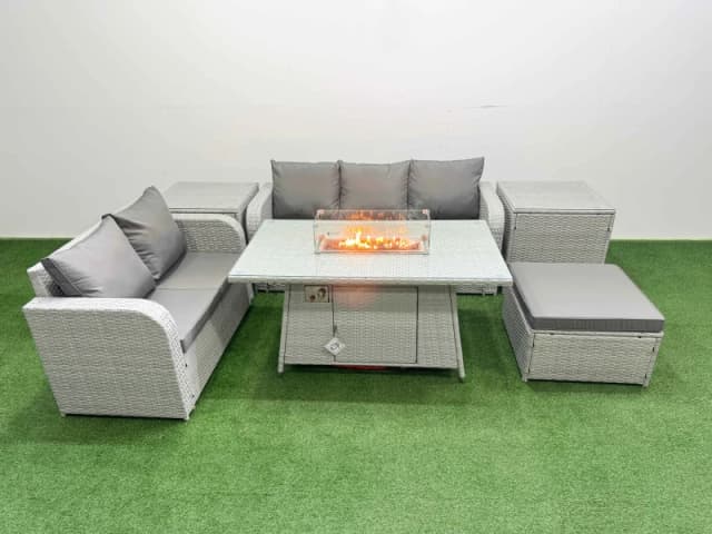 Fimous 6 Seater PE Rattan Wicker Garden Furniture Patio Conservatory Sofa Set with Firepit Dining Table 3 Seater Sofa Love Sofa Big Footstool 2 Side T