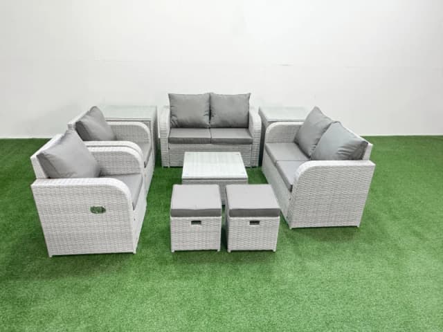 Fimous 8 Seater Outdoor Reclining Chair Love Sofa Set Rattan Garden Furniture Set with Square Coffee Table 2 Stools 2 Side Table Light Grey Light Grey