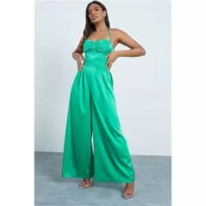 I Saw It First Bright Green Satin Ruched Waist Wide Leg Trousers - Green