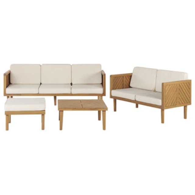 BELIANI 5 Piece Modern Garden Conversation Set Acacia Wood Coffee Table Ottoman Light Beige Cushions Baratti 330876