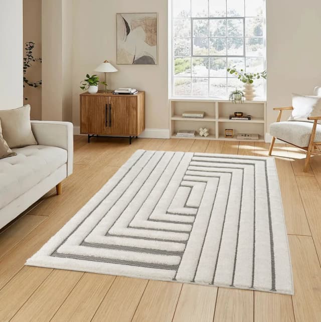 Freya Living Room Area Rug Contemporary 3D Embossed Modern Merge Line Design - Cream 200Cm X 290Cm