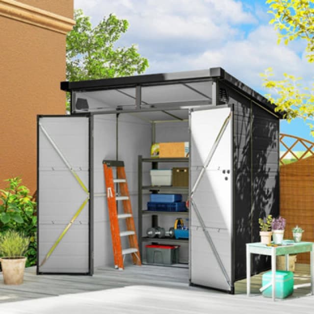 Outsunny 6 x 6ft Plastic Garden Shed with Windows and Air Vents, Dark Grey Mid Grey