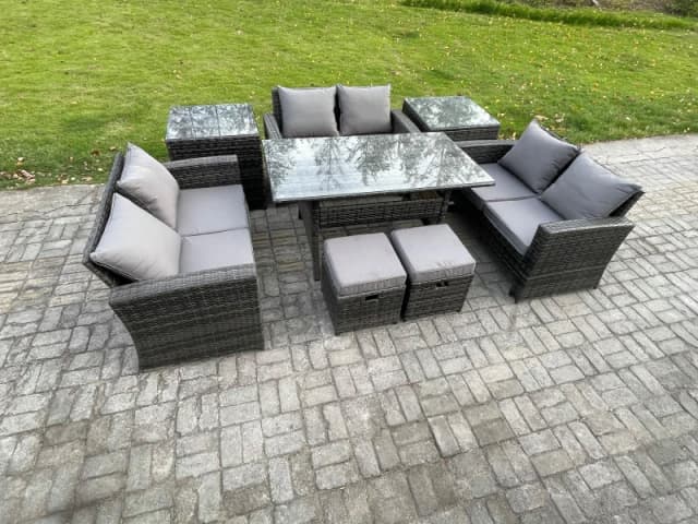 Fimous 8 Seater Wicker PE Rattan Garden Furniture Sets Outdoor Lounge Sofa Set with Oblong Dining Table Double Seat Sofa in Dark Grey Dark Grey Unisex
