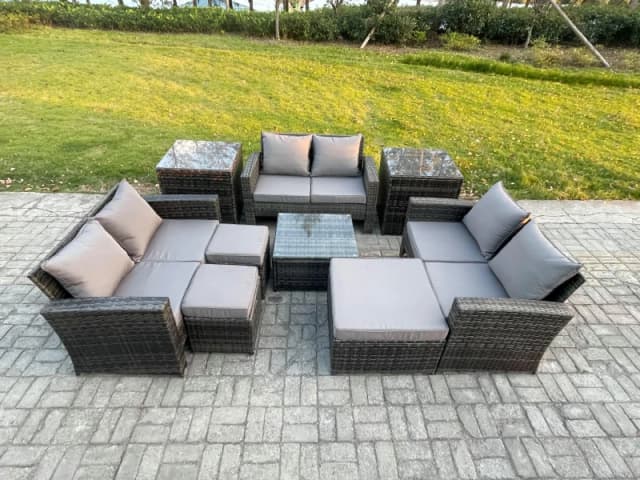 Fimous Outdoor Lounge Sofa Set Wicker Pe Rattan Garden Furniture Set With Square Coffee Table Double Seat Sofa 3 Footstools