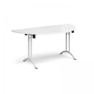 Semi circular folding leg table with white legs and curved foot rails