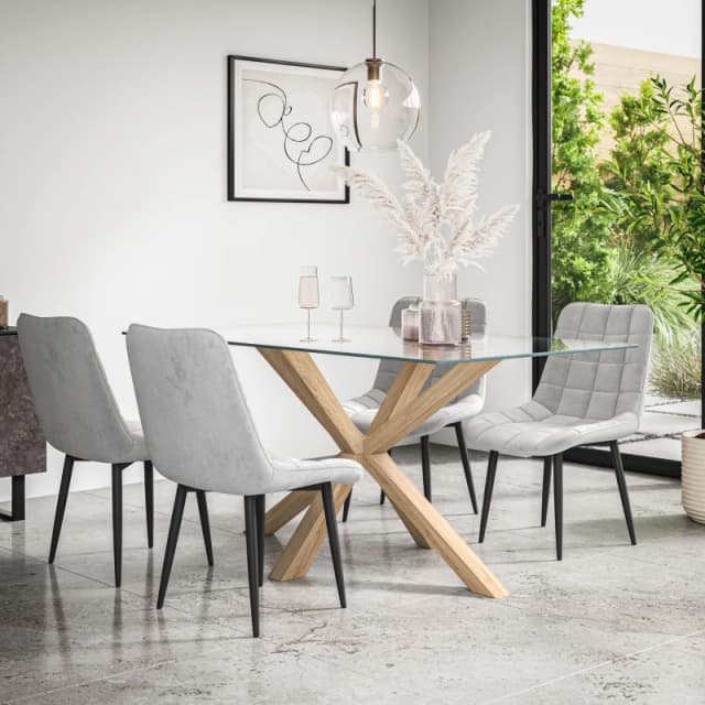 More4Homes Etta Glass Dining Table And Chairs - Glass Top W Solid Oak Legs + Nova Velvet Dining Chair Set Of 4 (Grey)