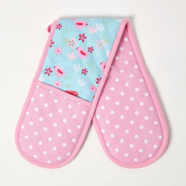 Homescapes Birds And Flowers Pink Cotton Double Oven Glove