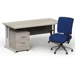 Impulse 1800 x 800 Silver Cant Office Desk Grey Oak + 2 Dr Mobile Ped & Chiro Med Back Blue W/Arms