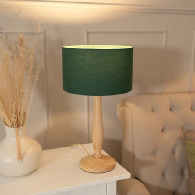 ValueLights Victoria Light Wood Traditional Table Lamp with Fabric Drum Shade and LED Bulb Green