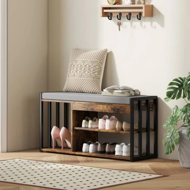 HOMCOM Upholstered Entryway Shoe Bench with Storage Shelves, Rustic Brown Brown Unisex