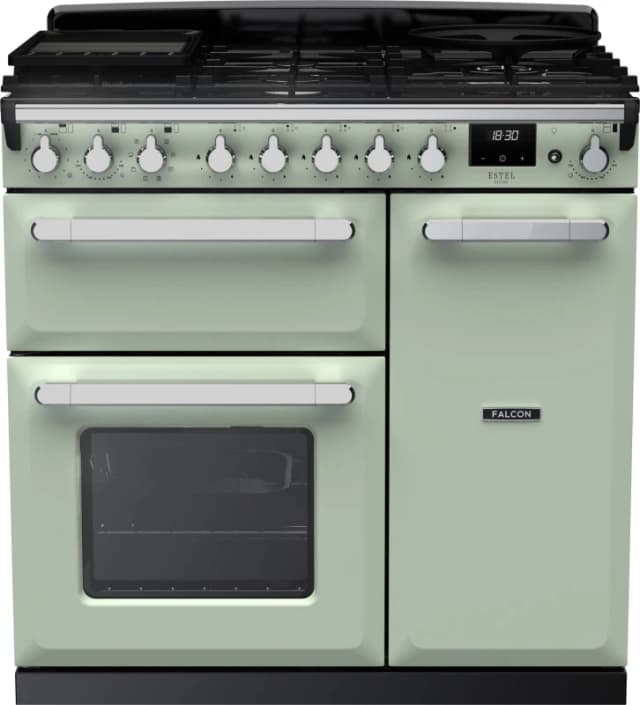 Rangemaster Estel Deluxe ESDL90DFPMNT/CM1 90cm wide Dual Fuel Range Cooker with Gas Hob - Mint / Chrome - A/A Rated