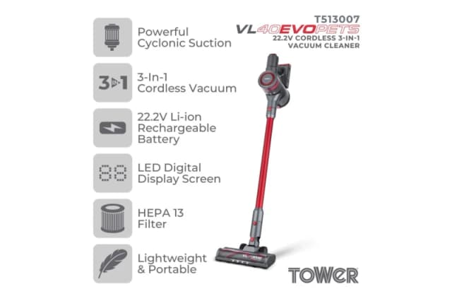 Tower VL40 EVO Pets 22.2V Cordless Vac 3-IN-1 Vacuums Medium Red 40783408390
