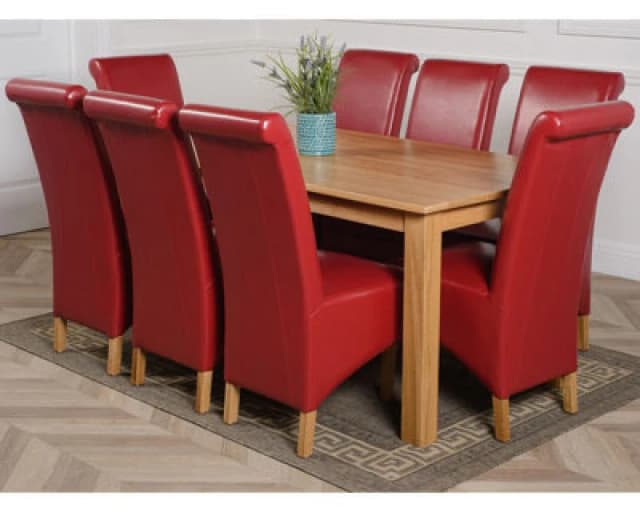 Thats Furniture Oslo 180 x 90cm Large Oak Dining Table & 8 Montana Leather Chairs in Red Red Unisex 180 x 90 cm